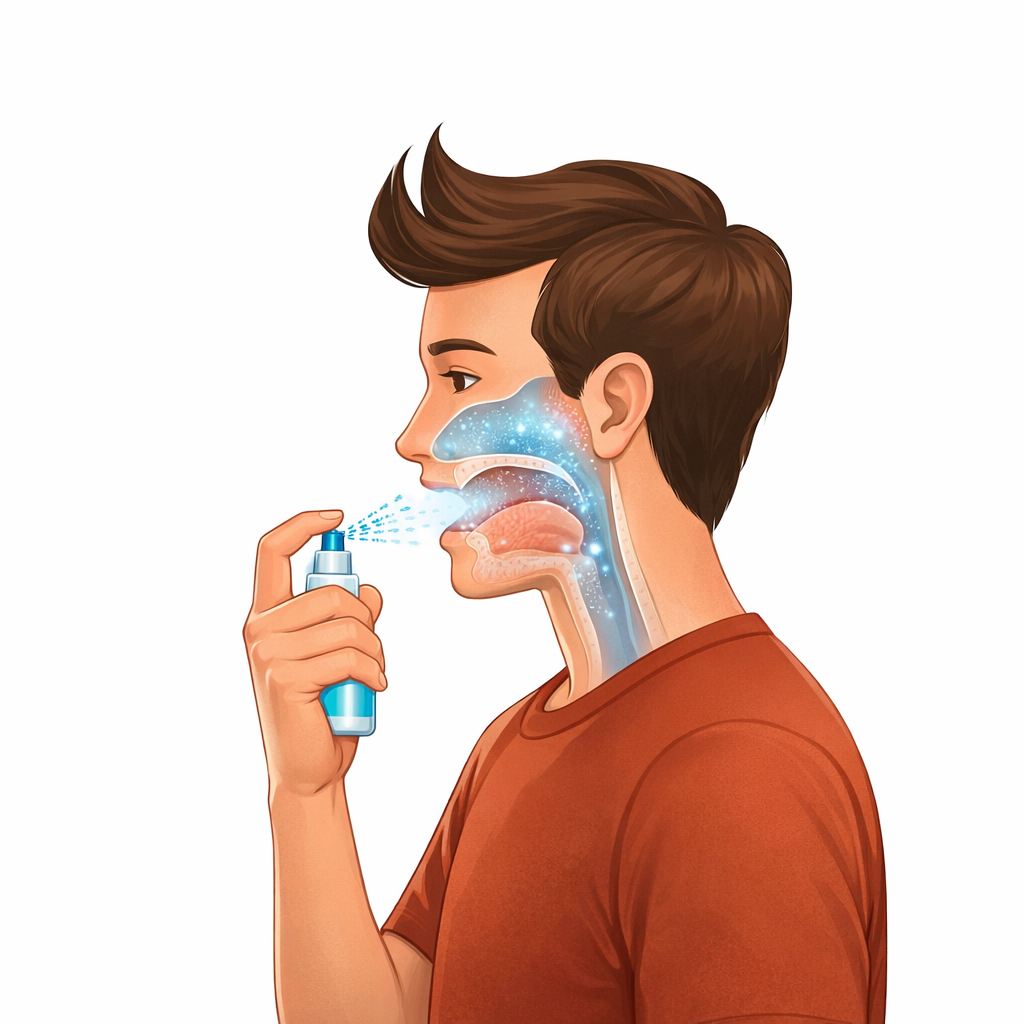 Concept illustration of fine-mist delivery to upper airway surfaces